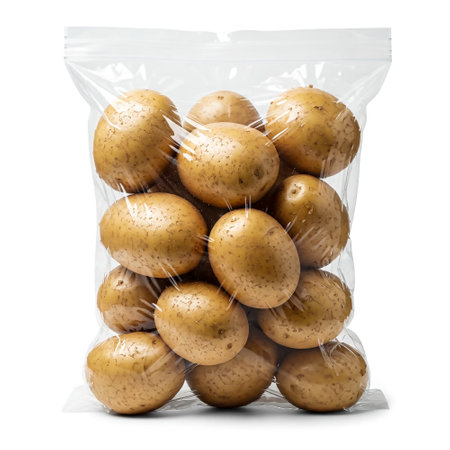 A clear plastic bag filled with fresh, unpeeled potatoes sits on a clean surface, showing their earthy tones and smooth textures. Perfect for various culinary uses.の素材