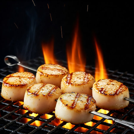 Fresh scallops are being grilled on skewers over an open flame, showing vibrant flames and a deliciously caramelized exterior. The cookout is lively and inviting.の素材