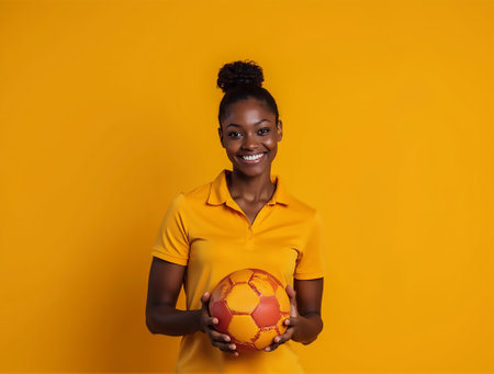 A female athlete exudes confidence while holding a soccer ball. Her bright yellow shirt complements her joyful expression, set against a vivid yellow backdrop, highlighting her passion for the sport.の素材