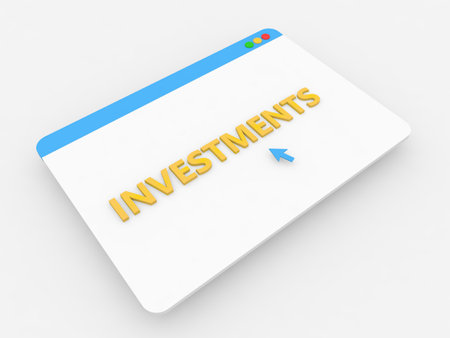 A browser window displays the word investments in bold letters, symbolizing a digital landscape for financial opportunities and market engagement. This represents the modern approach to investing.の写真素材
