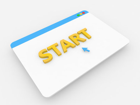 A bright yellow text saying start is displayed prominently in a simple web browser window. The design features a clean layout, inviting users to engage and explore online.の写真素材