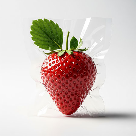 A vibrant red strawberry featuring fresh green leaves is displayed in transparent packaging. The smooth white background enhances its vivid colors, making it visually appealing.の素材
