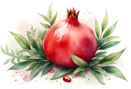 A ripe pomegranate with deep red skin is nestled among lush green leaves. Its vibrant hue contrasts beautifully with the soft background. Tiny droplets add freshness to the composition.のイラスト素材