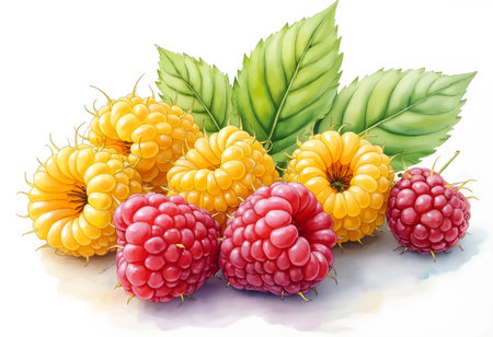 Ripe red and yellow raspberries are beautifully arranged alongside vibrant green leaves, highlighting their natural colors and freshness in a well-lit environment.のイラスト素材