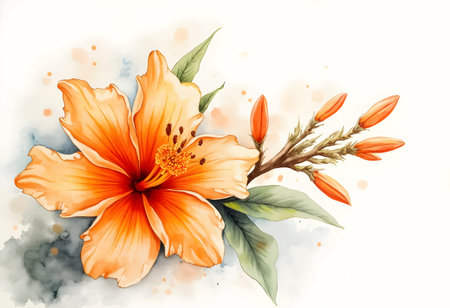 A bright orange hibiscus flower with striking petals is in full bloom, accompanied by budding leaves. The arrangement has a delicate watercolor backdrop that enhances its beauty.のイラスト素材