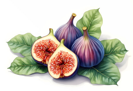 A collection of ripe figs rests on vibrant green leaves, showing their deep purple skin. One fig is cut in half, displaying its rich red interior filled with tiny seeds.のイラスト素材