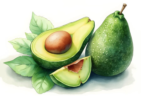 Two ripe avocados sit beside green leaves, showing their rich color and texture. One is sliced open, revealing its creamy interior and large seeds, emphasizing freshness and nutrition.のイラスト素材