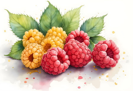 Various fresh raspberries in vibrant red and yellow hues are artistically depicted, surrounded by lush green leaves, showing the beauty of nature's bounty.のイラスト素材