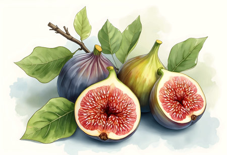 Three fresh figs, varying in color, are arranged among rich green leaves. The cut fig reveals its intricate interior filled with seeds, showing nature's beauty and detail.のイラスト素材
