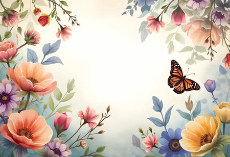 Vibrant flowers in various colors and shapes surround a delicate butterfly in a serene garden atmosphere. The soft background enhances the tranquility of nature.のイラスト素材