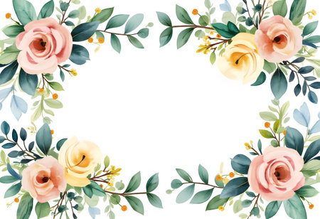 Delicate floral border showcases soft pink and yellow roses intertwined with lush greenery. Perfect for invitations, greeting cards, and decor, evoking a fresh, feminine touch.のイラスト素材
