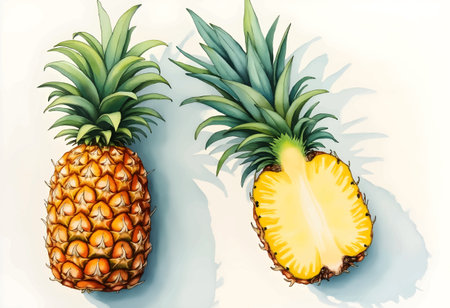 A whole pineapple sits next to a sliced version, revealing the juicy yellow interior. The vibrant green leaves contrast beautifully against the rich brown skin. The background is neutral.のイラスト素材