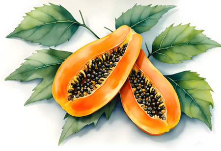 Two ripe papaya halves sit on lush green leaves, showing their bright orange flesh and dark seeds. The vivid colors highlight the freshness and appeal of this tropical fruit.のイラスト素材