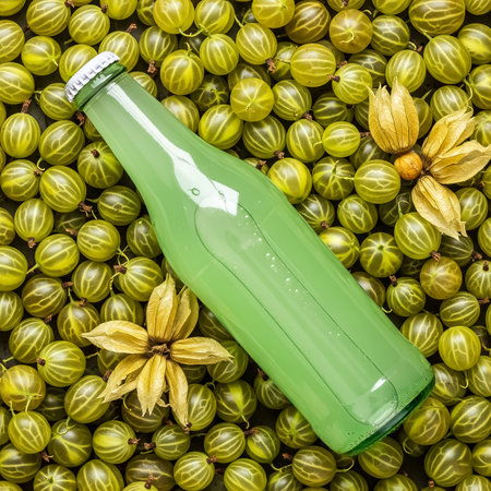 A green glass bottle sits among a vibrant collection of fresh gooseberries and decorative starfruit, creating a visually appealing and natural arrangement on a wooden surface.の素材