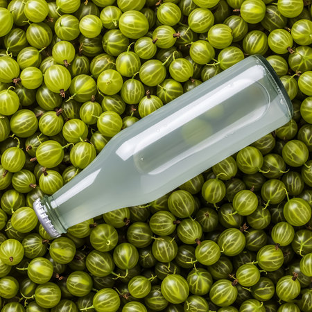 A glass bottle filled with clear juice is nestled among a plentiful harvest of fresh green gooseberries. The vibrant fruits provide a striking backdrop, highlighting their natural allure.の素材