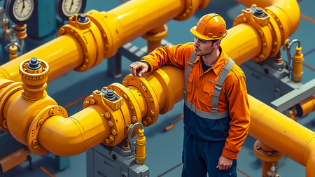 A worker in an orange uniform examines a valve on a yellow pipeline in an industrial facility. The surroundings include gauges and machinery, indicating ongoing operations.の素材