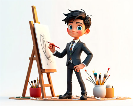A boy in a suit stands confidently by an easel while sketching on a canvas. The studio is bright and cluttered with art supplies, indicating creativity and inspiration in progress.の素材