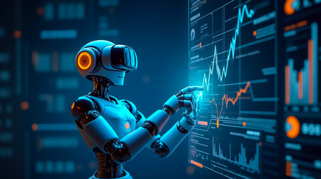 A humanoid robot interacts with holographic data visualizations in a high-tech setting. The glowing graphs depict market trends while the robot examines them closely.の素材