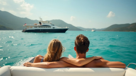 A couple relaxes together on a small boat, embracing as they admire the beautiful coastal landscape under a clear blue sky. In the background, luxurious yachts float on the calm water.の素材