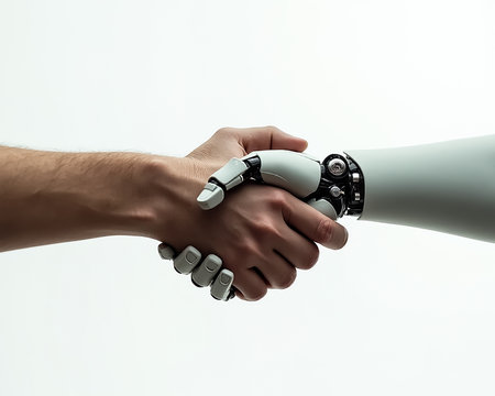 A human hand and a robot hand meet in a firm handshake, highlighting the collaboration between humans and artificial intelligence. The scene is minimalistic and futuristic.の素材
