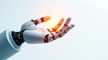 An advanced robotic hand extends outward, showing intricate mechanical details. A glowing orb is held delicately in its grasp, symbolizing innovation and the future of technology.の素材