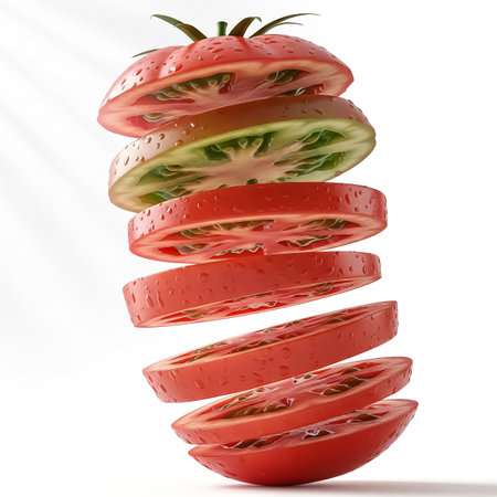 A fresh tomato is dramatically sliced and suspended in mid-air, showing its vibrant red and green layers. This unique presentation highlights the freshness and texture of the vegetable.の素材