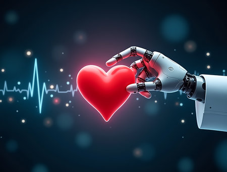 A robotic hand gently grasps a luminous red heart while a heartbeat line pulsates in the background. The setting is a high-tech, digital environment, illuminated by soft blue lights.の素材