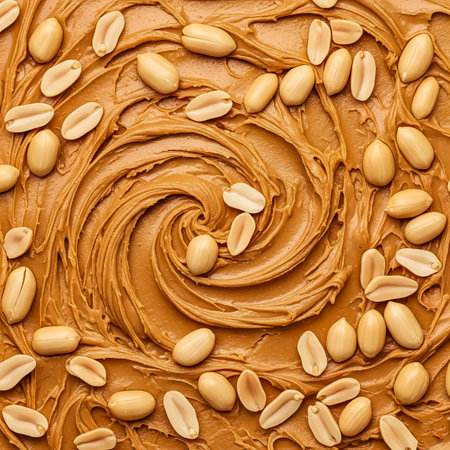 Peanut butter is spread in a smooth swirl, interspersed with whole peanuts, creating a visually appealing and tasty treat. Perfect for snacking or spreading on bread.の素材