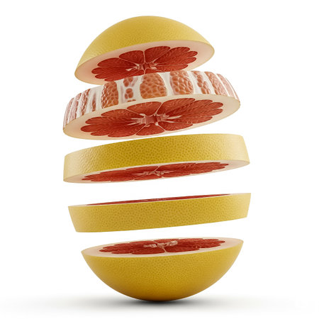 Segments of a yellow grapefruit are suspended in mid-air, with the inner red flesh visible. The composition emphasizes the contrast between the smooth yellow rind and juicy red segments.の素材
