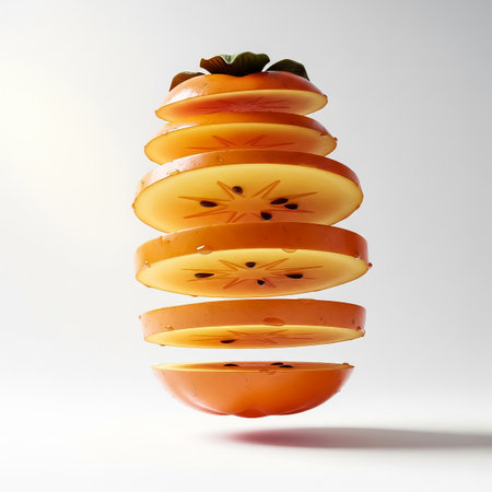 Fresh persimmon segments are levitating in mid-air, showing their vibrant orange color and intricate star-shaped patterns. The simple backdrop emphasizes the fruit's natural beauty.の素材
