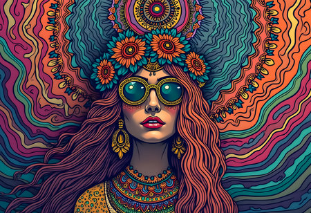 A woman adorned with a floral crown and oversized sunglasses exudes a bohemian vibe. Swirling colors and patterns create an enchanting background, showcasing artistic expression.の素材