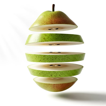 A green pear is sliced into several sections, revealing its smooth texture and seeds. The arrangement is visually striking, showing the fruit's freshness and appealing for culinary art.の素材