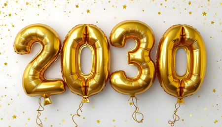 Golden balloons shaped as 2030 are displayed on a festive background adorned with sparkling stars, creating an exciting atmosphere for New Year celebrations.の素材