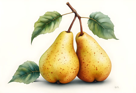 Two distinct yellow pears sit beside each other, their smooth skin dotted with small brown spots. Green leaves sprout from the stems, adding freshness to the composition.の素材