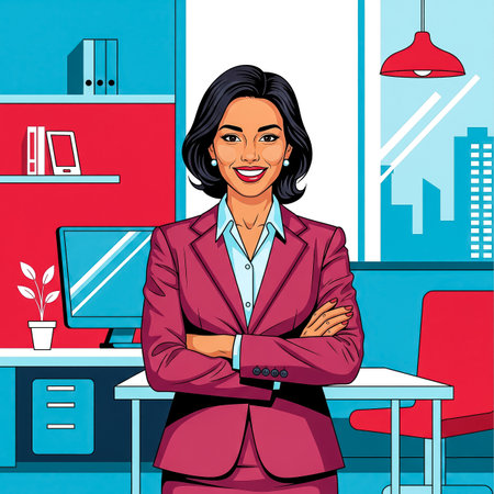 A businesswoman stands with arms crossed in a colorful office, radiating confidence. The backdrop features a desk, computer, and city skyline, creating a dynamic work environment.の素材