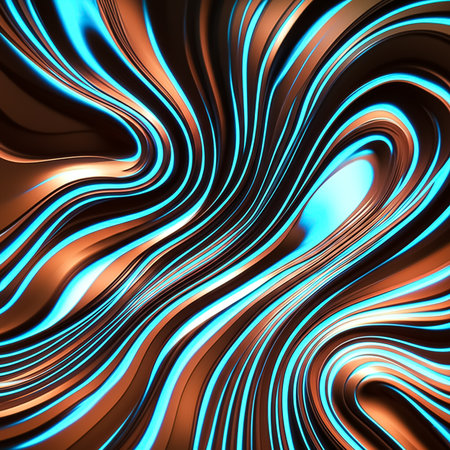 Bright blue and bronze waves intertwine in a fluid motion, creating a captivating abstract composition that emphasizes movement and depth in design.の素材