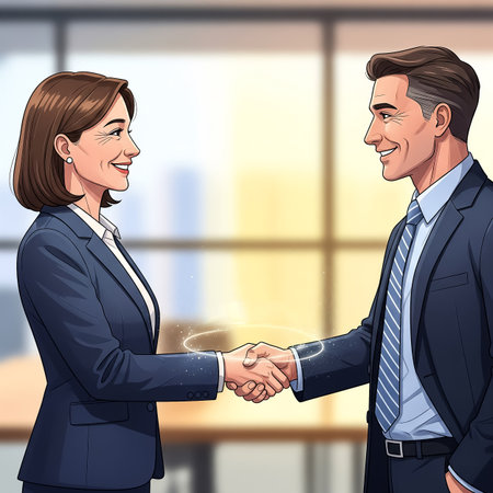 Two business professionals are smiling and shaking hands in a contemporary office setting. The atmosphere signifies a successful agreement or partnership.の素材