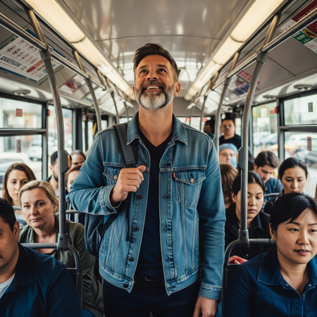 A man with a beard stands confidently in a crowded bus, smiling as he looks around. Passengers seated nearby appear focused and serious, creating a contrast with his cheerful demeanor.の素材