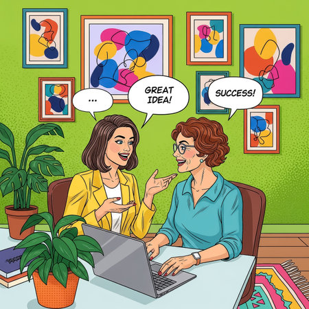 Two women are enthusiastically discussing ideas in a vibrant office decorated with colorful artwork. A potted plant and laptop add to a creative environment, fostering collaboration.の素材