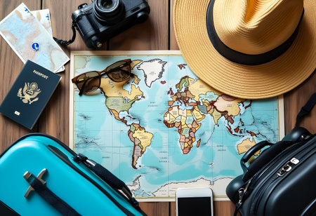 Travel gear is arranged around a colorful world map, including a camera, sunglasses, a passport, and suitcases, signifying preparation for a memorable journey ahead.の素材