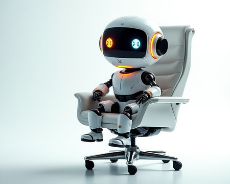 A small humanoid robot with glowing features sits in a sleek office chair, showing a blend of technology and design. Soft lighting enhances the futuristic vibe of the setting.の素材
