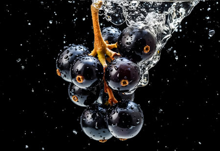 Blackcurrants suspended in water create a striking visual as droplets scatter around them. The deep color contrasts with the bubbles, highlighting their freshness and juiciness.の素材