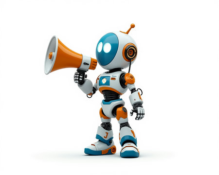 A colorful robot stands confidently, holding a megaphone. Its expressive eyes glow as it engages an audience in a lively atmosphere, promoting excitement and interaction.の素材