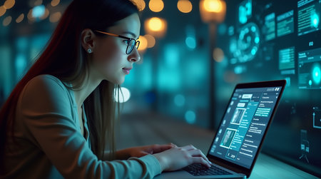 A young woman works intently on a laptop, analyzing data at a sleek desk. The room is dimly lit, enhanced by illuminated screens displaying various graphs and metrics.の素材