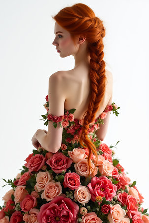 A model stands gracefully with her back turned, wearing a stunning dress crafted from vibrant roses. Her long red hair is styled in a braid, enhancing the floral theme in a studio environment.の素材