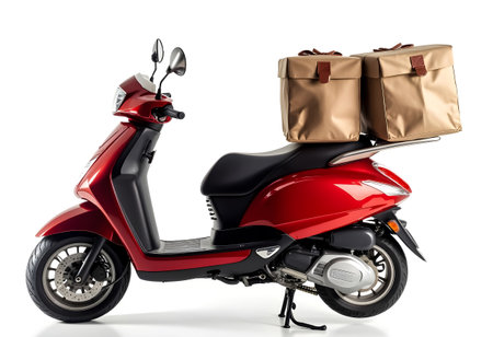 A vibrant red scooter equipped with two large insulated bags stands parked against a bright backdrop, prepared for a food delivery. The area showcases a clean, modern environment.の素材