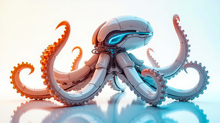 A unique mechanical octopus, featuring glowing blue eyes and metallic limbs, is showcased on a sleek surface. The vibrant colors create a dynamic and futuristic atmosphere around it.の素材