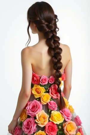 A woman showcases a stunning long braid while wearing a dress covered in vibrant roses. This captivating look highlights beauty and fashion creativity during a spring celebration.の素材