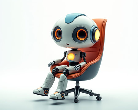 A charming robot character with large eyes and a friendly expression is seated on a stylish swivel chair. The setting features a clean, contemporary design illuminated by bright light.の素材