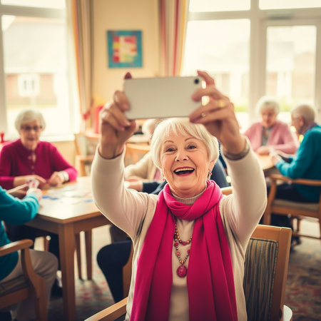 A cheerful senior woman takes a selfie with her phone, smiling brightly. In the background, other seniors are engaged in conversation and games, creating a warm atmosphere.の素材
